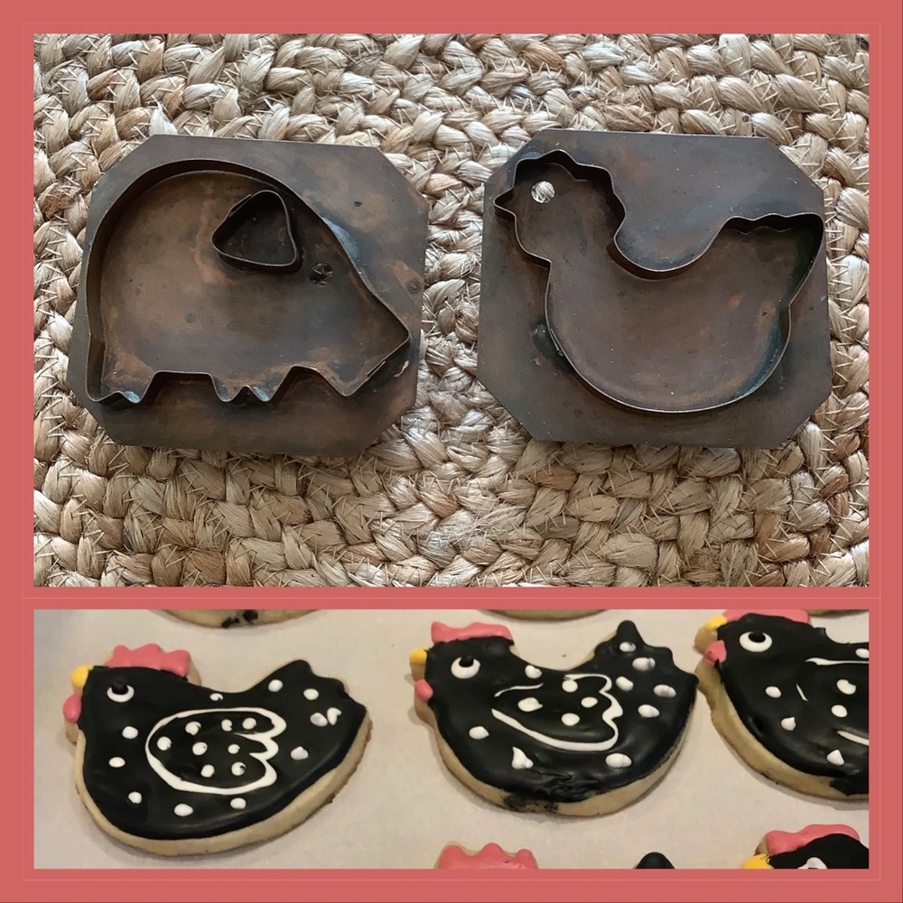 Vintage pair of copper cookie cutters hen and pig unmarked
